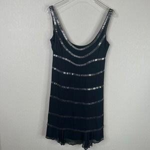 Temperley Cocktail Dress Sz 2 Black Silver Silk Sleeveless Striped Metallic Core